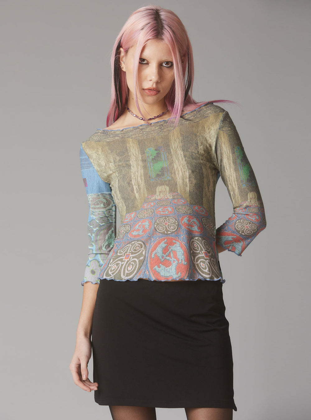 Mesh Printed Quarter Sleeve Top With Wide Neck - Multi | UNIF Clothing near me