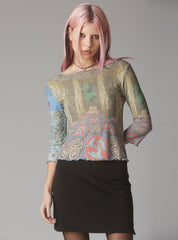 Mesh Printed Quarter Sleeve Top With Wide Neck - Multi | UNIF Clothing near me