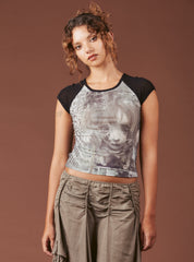 Graphic T-Shirt With Cap Sleeves - Grey/Black | UNIF Clothing online