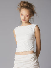 Sleeveless Top With Wide Neck & Ruffled Trim in - White | UNIF Clothing online