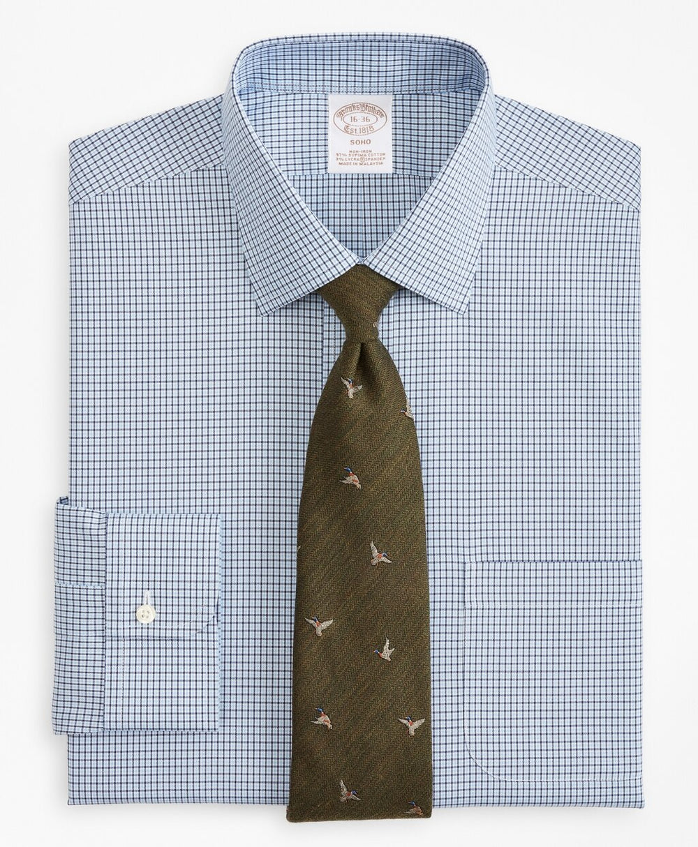 Brooks Brothers Men Stretch Soho Extra-Slim Fit Dress Shirt, Non-Iron Check