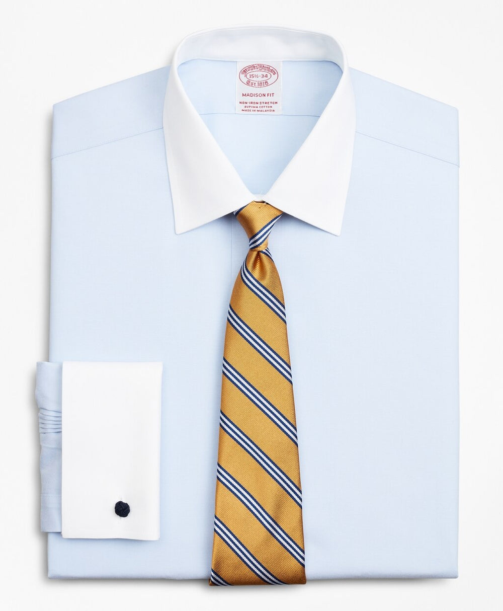 Brooks Brothers Men Stretch Madison Classic-Fit Dress Shirt, Non-Iron Pinpoint Contrast Ainsley Collar French Cuff