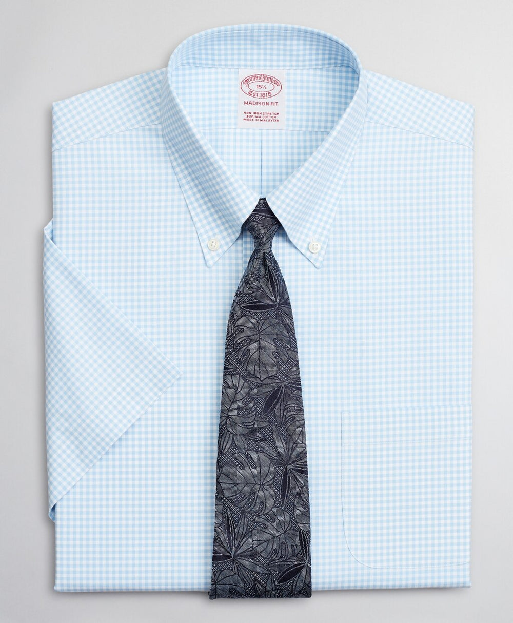 Brooks Brothers Men Stretch Madison Classic-Fit Dress Shirt, Non-Iron Poplin Short-Sleeve Gingham
