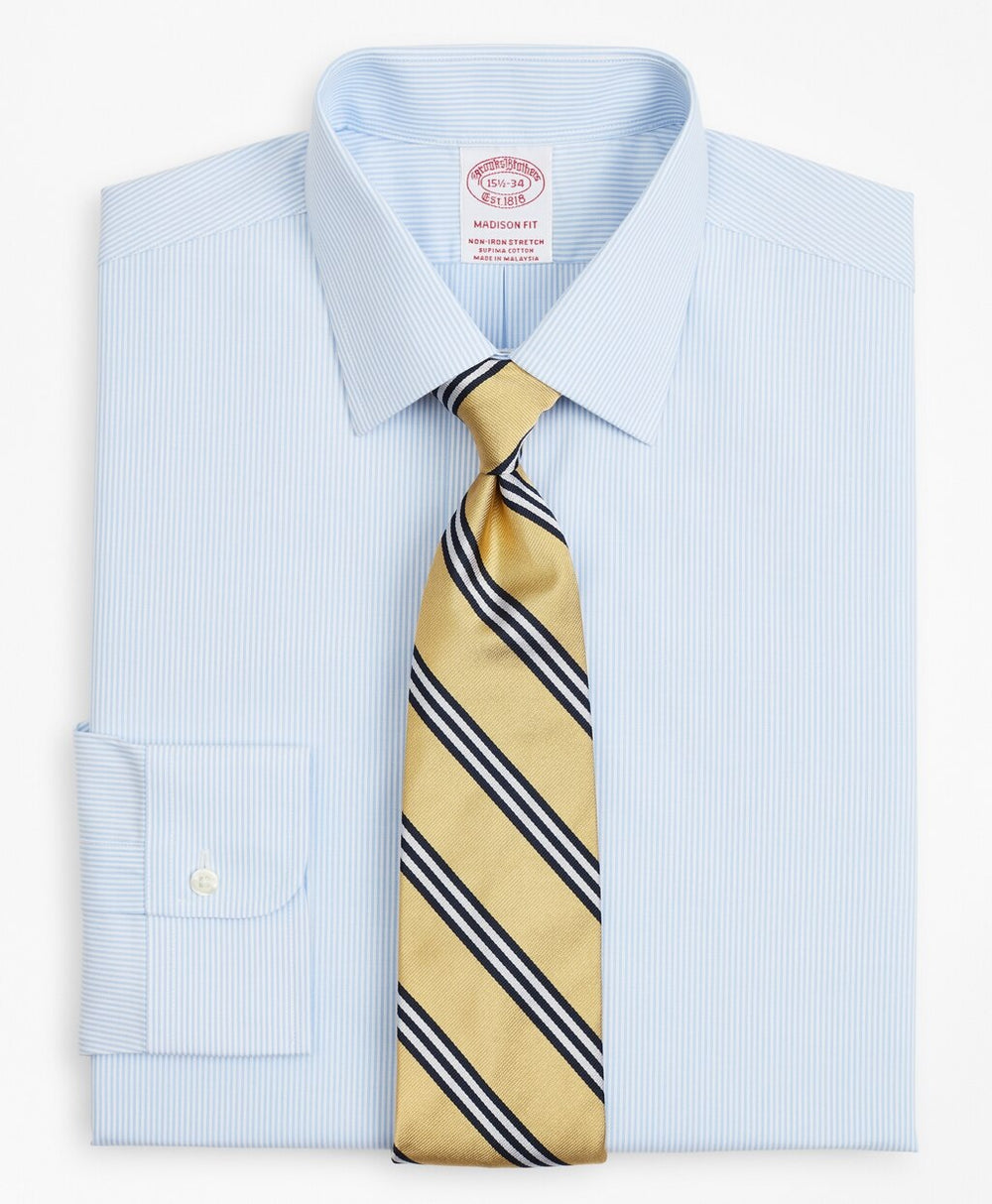Brooks Brothers Men Stretch Madison Classic-Fit Dress Shirt, Non-Iron Poplin Ainsley Collar Fine Stripe