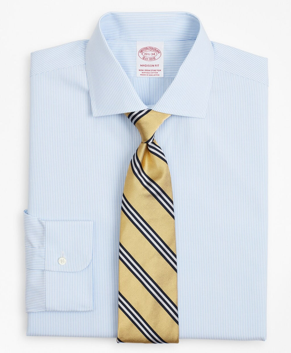 Brooks Brothers Men Stretch Madison Classic-Fit Dress Shirt, Non-Iron Poplin English Collar Fine Stripe