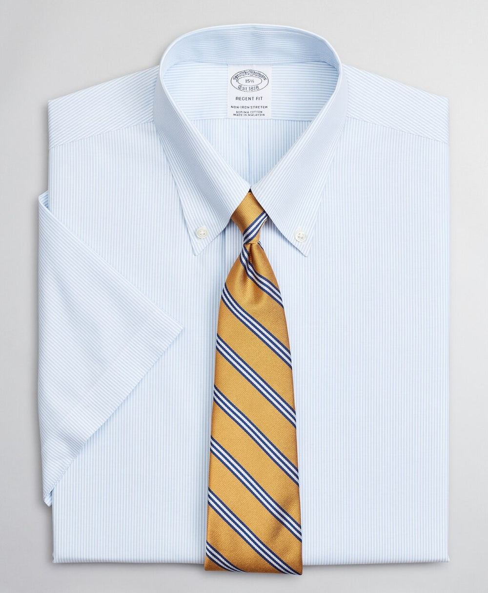 Brooks Brothers Men Stretch Regent Fitted Dress Shirt, Non-Iron Poplin Short-Sleeve Fine Stripe