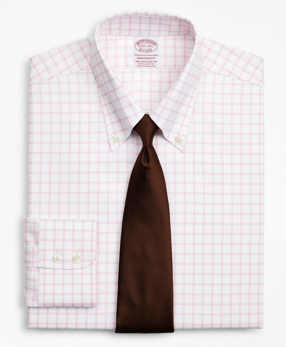 Brooks Brothers Men Stretch Madison Classic-Fit Dress Shirt, Non-Iron Twill Button-Down Collar Grid Check