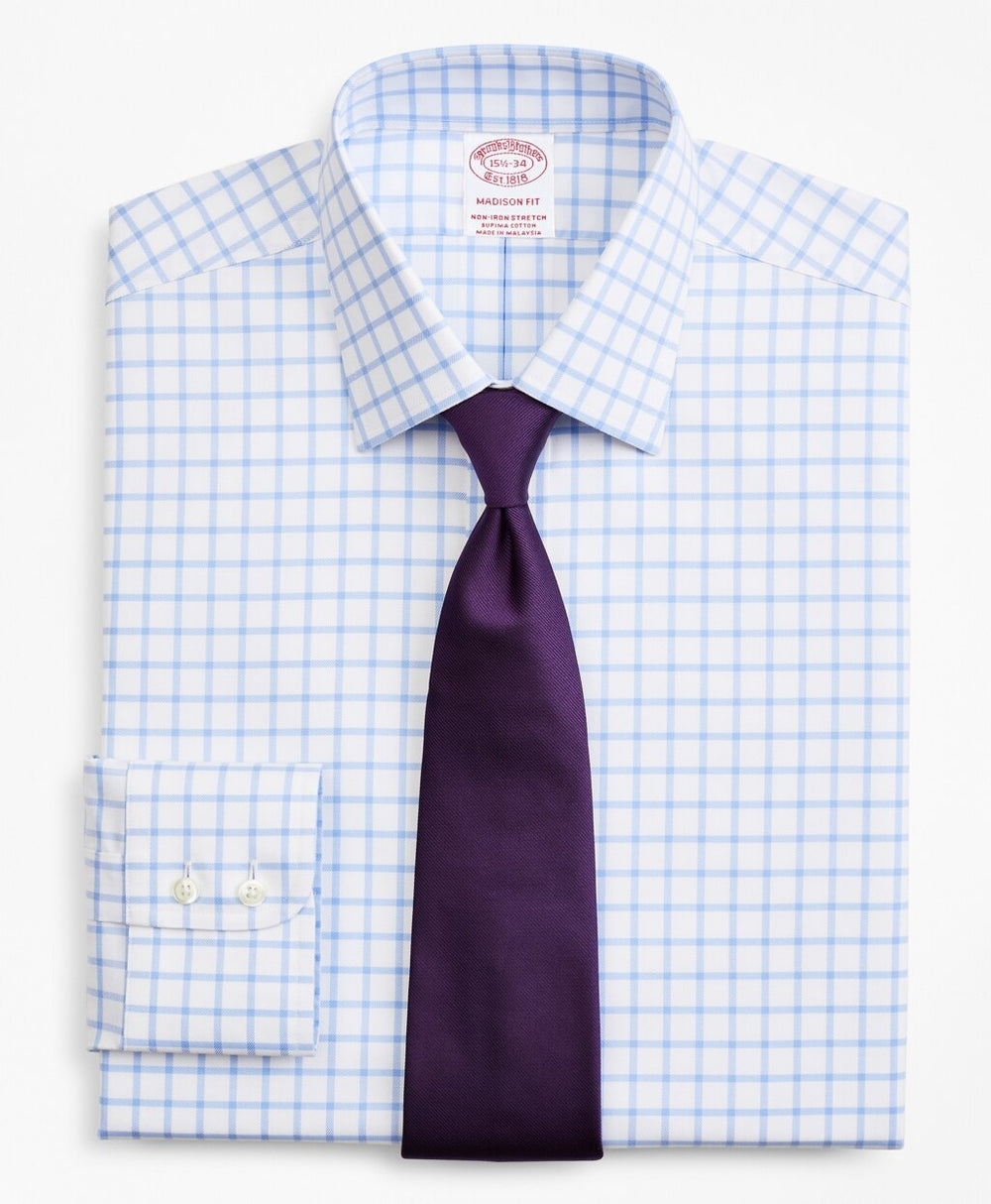Brooks Brothers Men Stretch Madison Classic-Fit Dress Shirt, Non-Iron Twill Ainsley Collar Grid Check