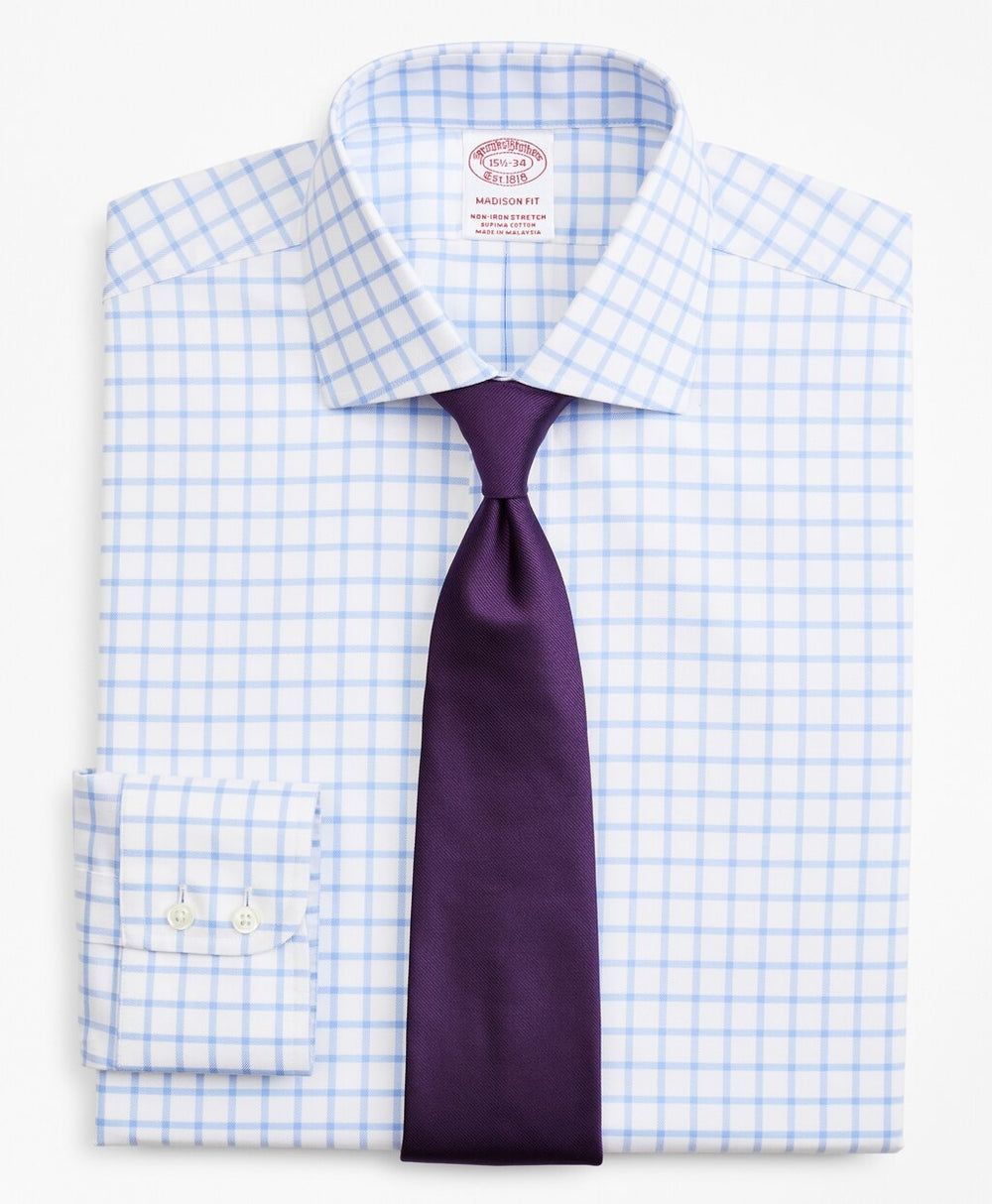 Brooks Brothers Men Stretch Madison Classic-Fit Dress Shirt, Non-Iron Twill English Collar Grid Check