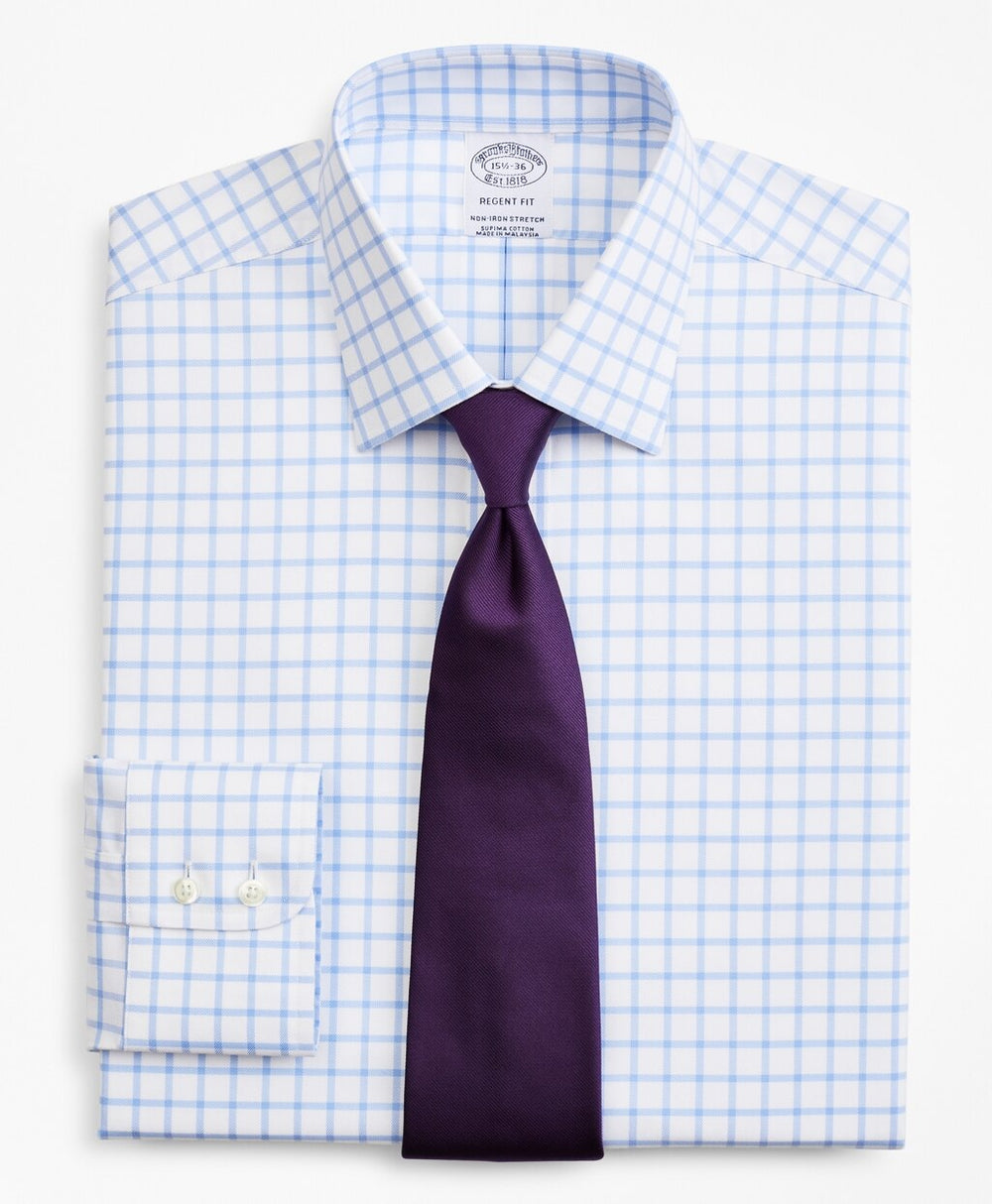Brooks Brothers Men Stretch Regent Fitted Dress Shirt, Non-Iron Twill Ainsley Collar Grid Check