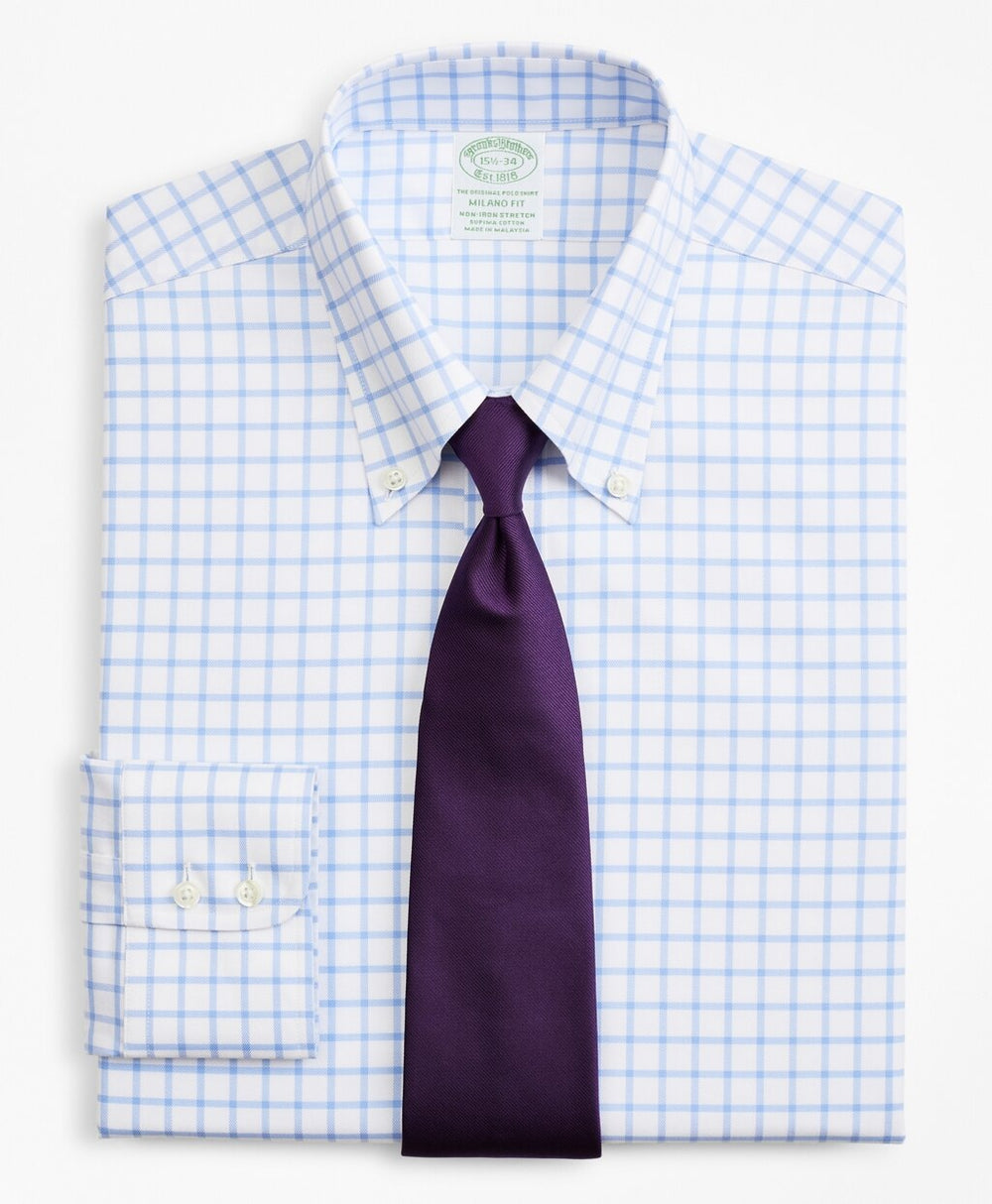 Brooks Brothers Men Stretch Milano Slim-Fit Dress Shirt, Non-Iron Twill Button-Down Collar Grid Check