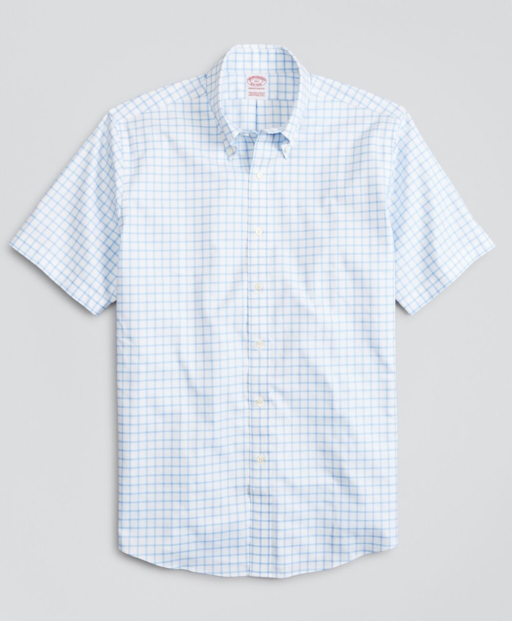 Brooks Brothers Men Stretch Madison Classic-Fit Dress Shirt, Non-Iron Twill Short-Sleeve Grid Check