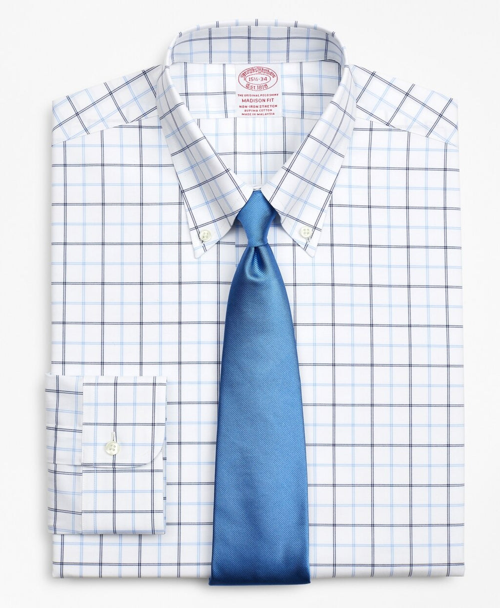 Brooks Brothers Men Stretch Madison Classic-Fit Dress Shirt, Non-Iron Poplin Button-Down Collar Double-Grid Check