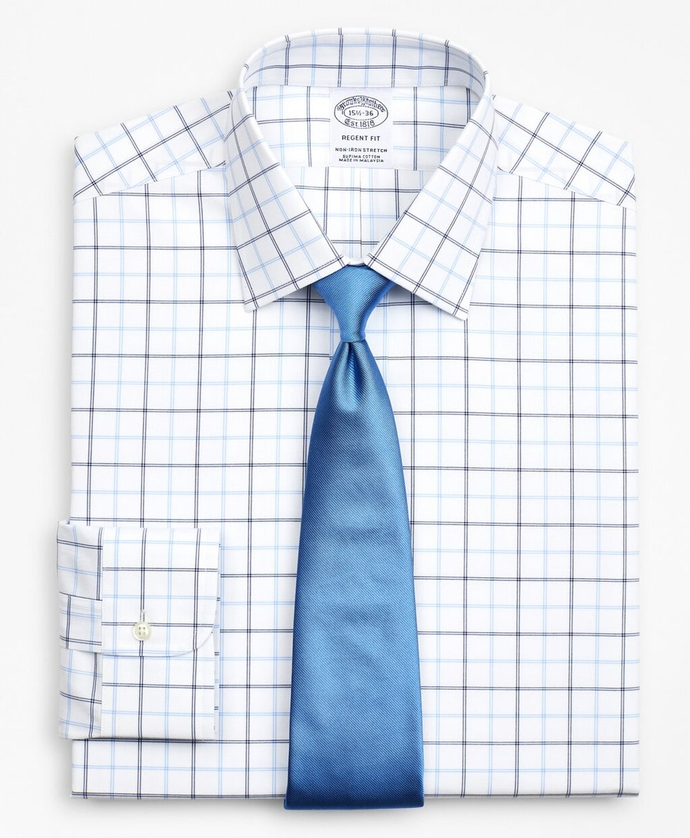 Brooks Brothers Men Stretch Regent Fitted Dress Shirt, Non-Iron Poplin Ainsley Collar Double-Grid Check