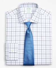 Brooks Brothers Men Stretch Milano Slim-Fit Dress Shirt, Non-Iron Poplin English Collar Double-Grid Check