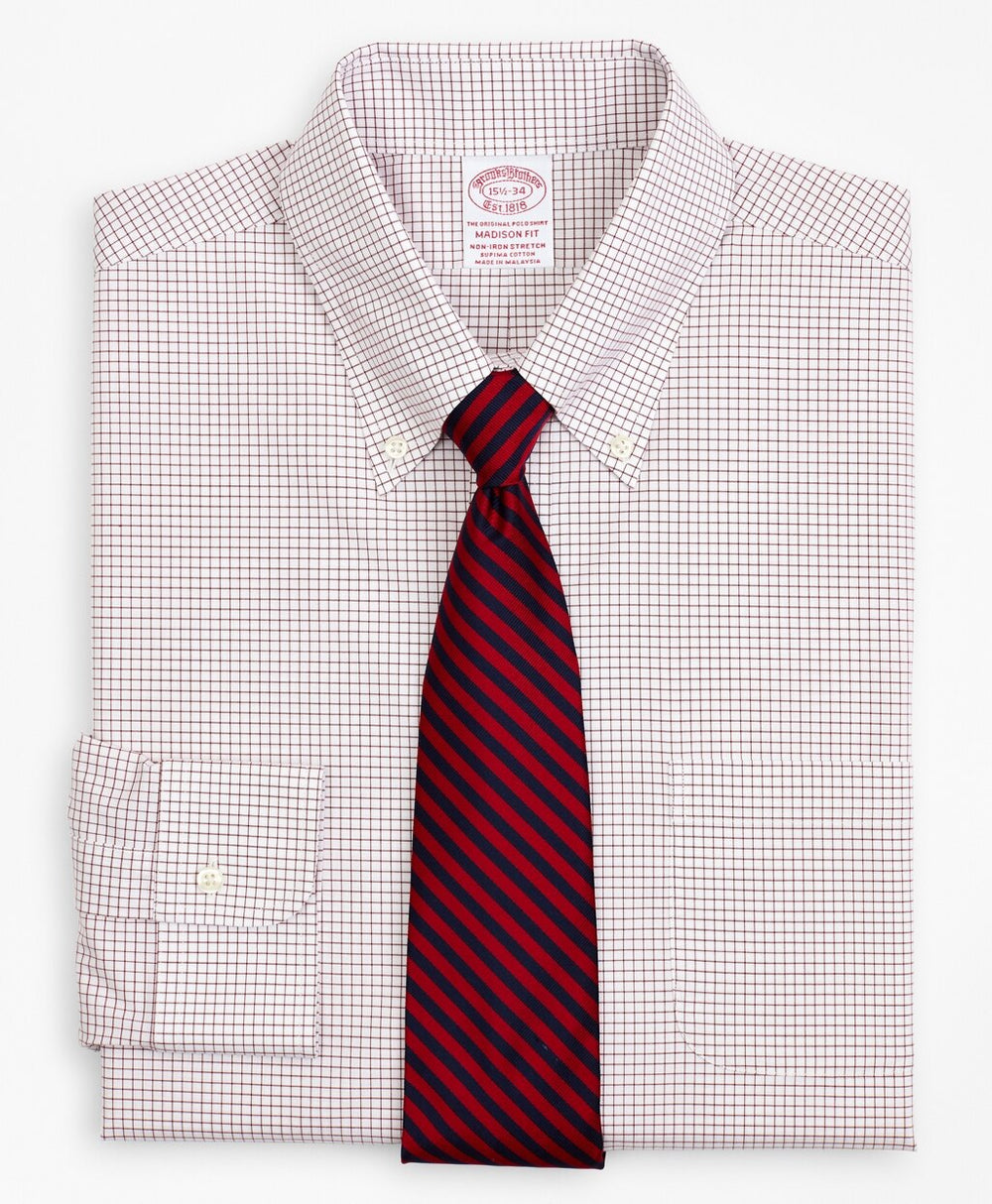 Brooks Brothers Men Stretch Madison Classic-Fit Dress Shirt, Non-Iron Poplin Button-Down Collar Small Grid Check