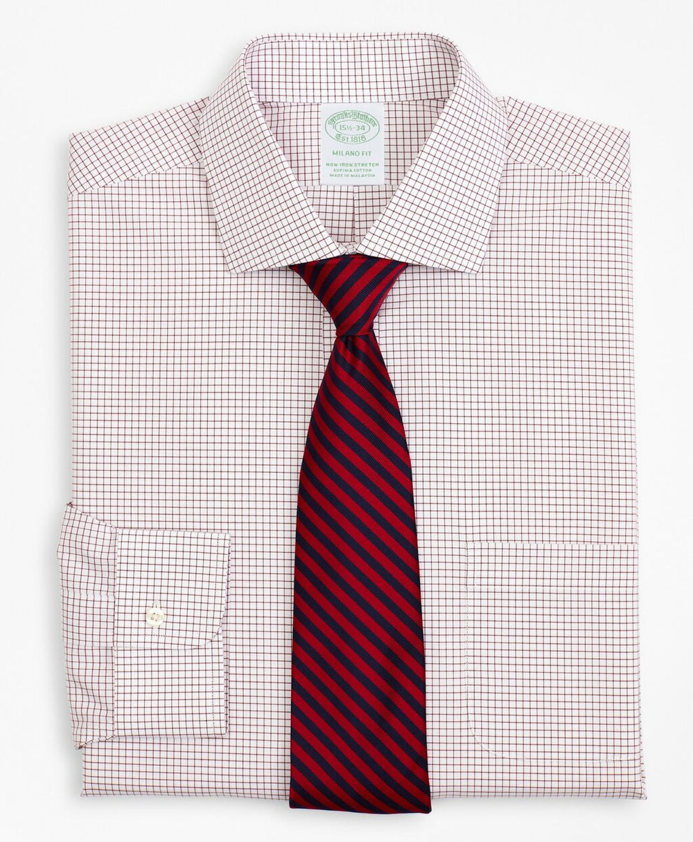 Brooks Brothers Men Stretch Milano Slim-Fit Dress Shirt, Non-Iron Poplin English Collar Small Grid Check