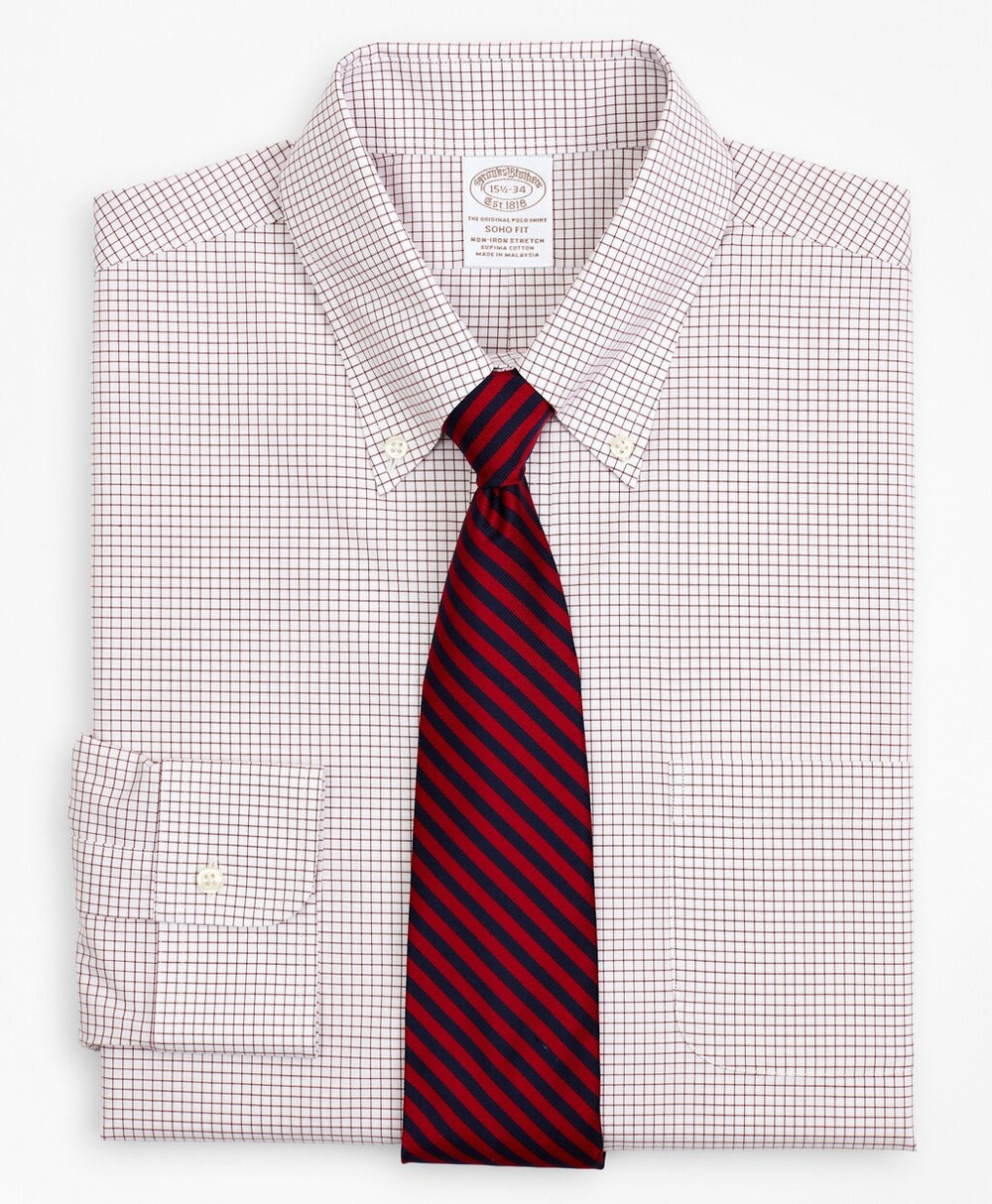 Brooks Brothers Men Stretch Soho Extra-Slim-Fit Dress Shirt, Non-Iron Poplin Button-Down Collar Small Grid Check