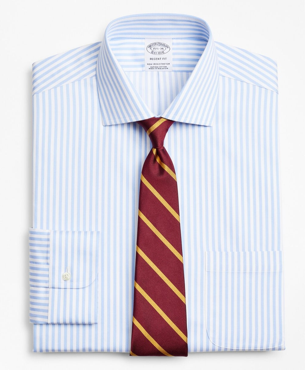 Brooks Brothers Men Stretch Regent Fitted Dress Shirt, Non-Iron Twill English Collar Bold Stripe