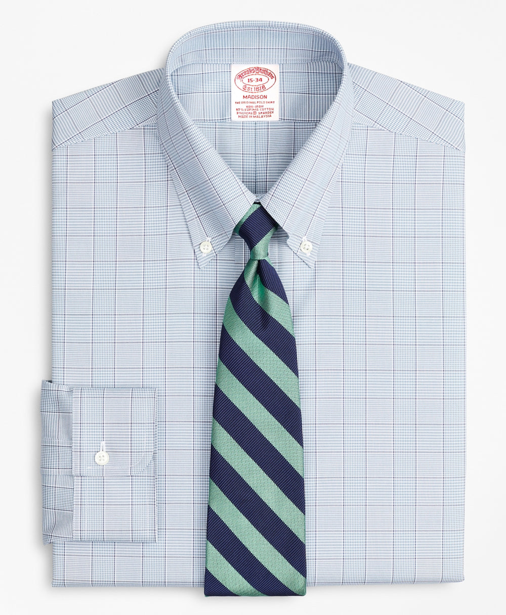 Brooks Brothers Men Stretch Madison Classic-Fit Dress Shirt, Non-Iron Pinpoint Button-Down Collar Glen Plaid