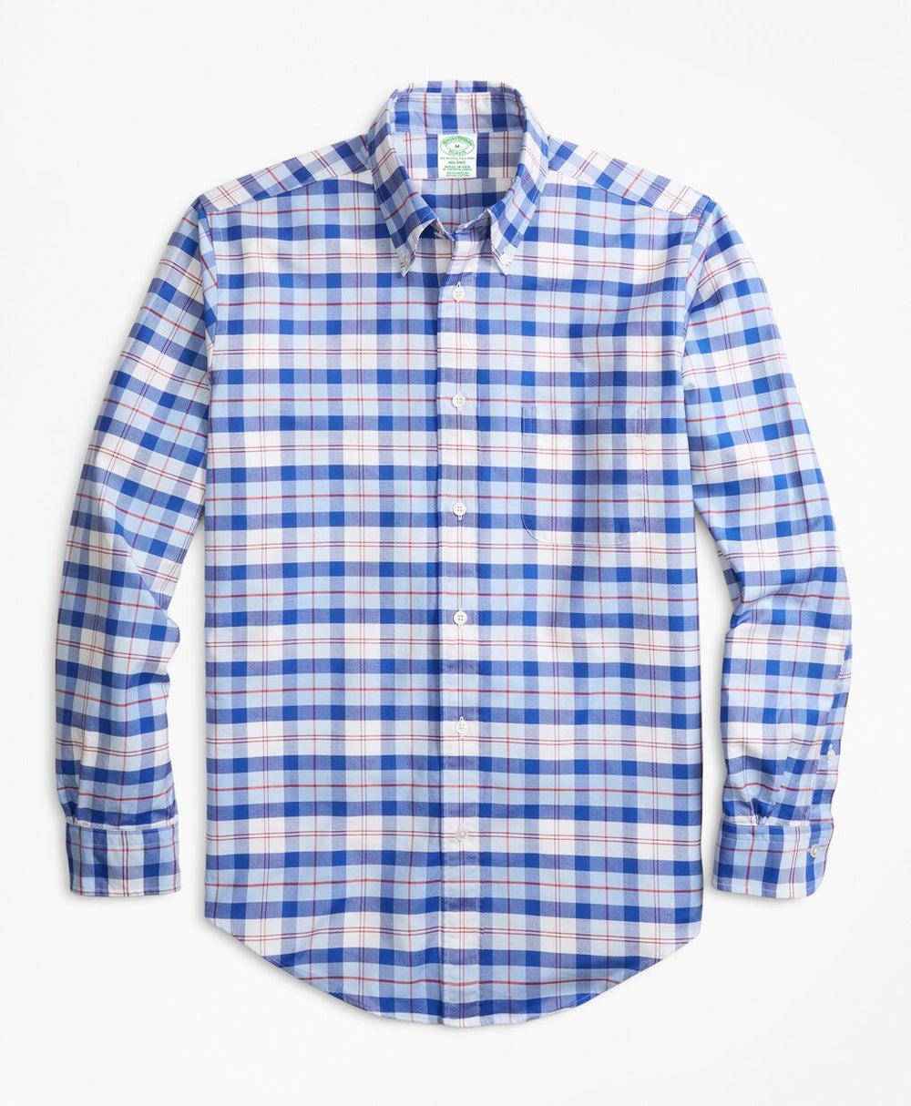 Brooks Brothers Men Milano Fit Oxford Blue and Red Plaid Sport Shirt