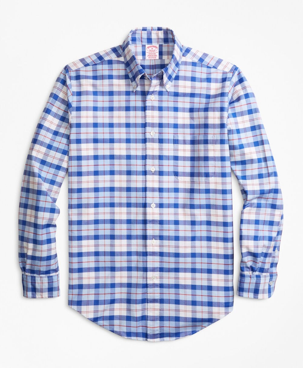 Brooks Brothers Men Madison Fit Oxford Blue and Red Plaid Sport Shirt