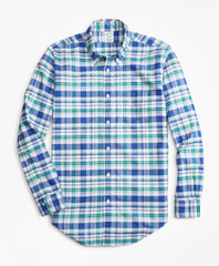 Brooks Brothers Men Milano Fit Oxford Blue and Green Plaid Sport Shirt