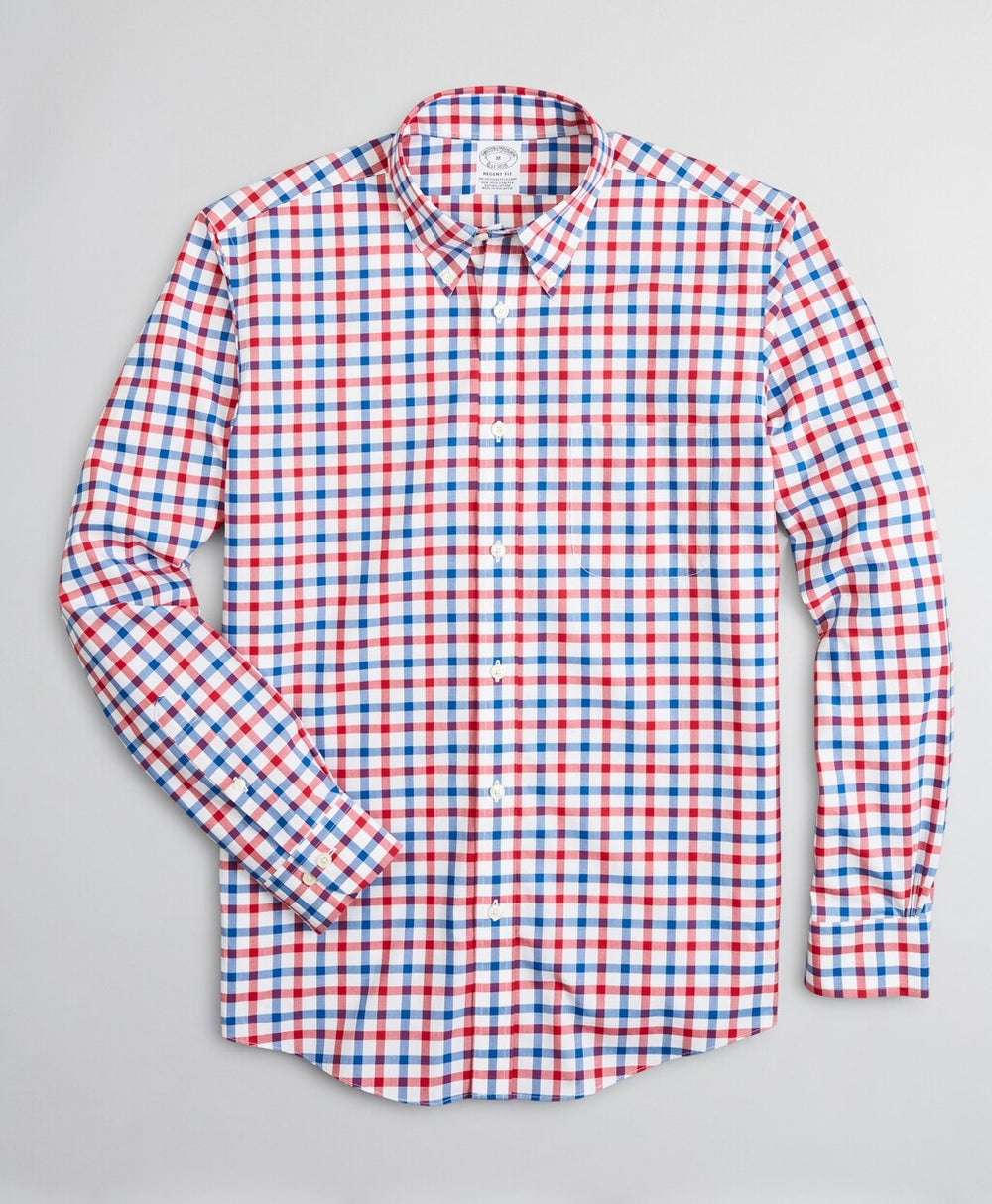 Brooks Brothers Men Stretch Regent Fitted Sport Shirt, Non-Iron Large Windowpane