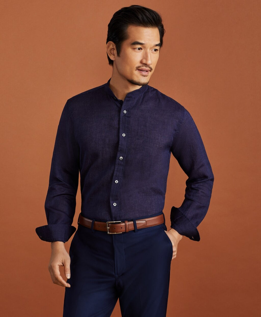 Brooks Brothers Men Golden Fleece® Regent Fit Band Collar Linen Sport Shirt