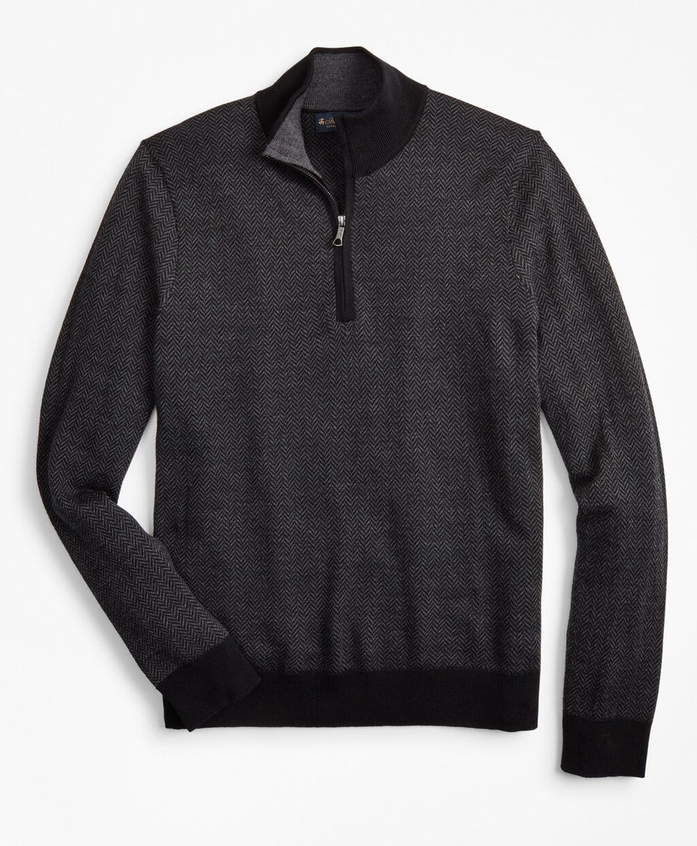 Brooks Brothers Men Washable Merino Wool Herringbone Half-Zip