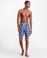 Brooks Brothers Men Montauk 6" Indigo Plaid Print Swim Trunks