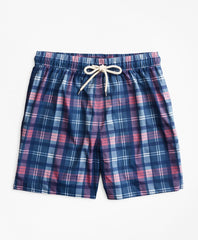 Brooks Brothers Men Montauk 6" Indigo Plaid Print Swim Trunks
