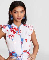 Brooks Brothers Women Petite Floral-Print Supima® Cotton Sateen Flutter-Sleeve Shirt Dress