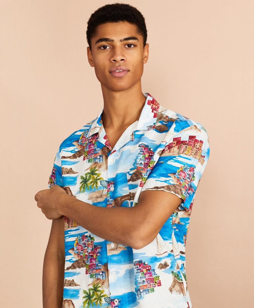 Brooks Brothers Men Coastal-Print Linen-Cotton Camp Collar Short-Sleeve Shirt