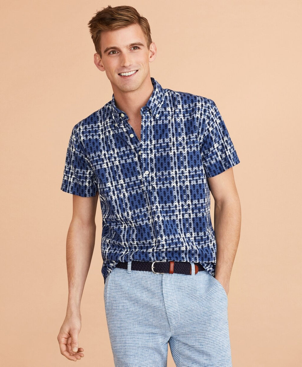 Brooks Brothers Men Seahorse-Print Madras Popover Shirt Short-Sleeve