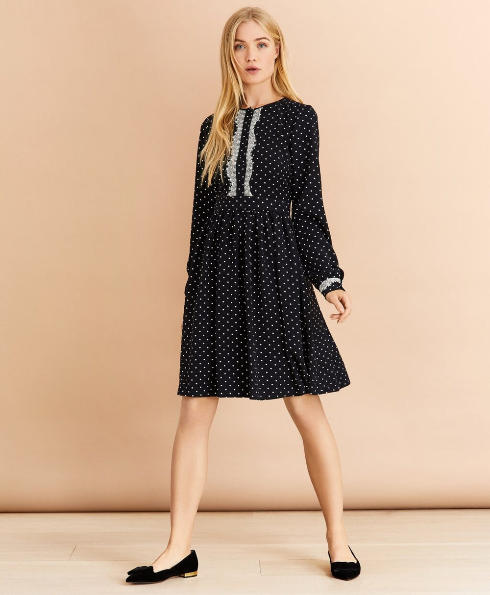 Brooks Brothers Women Lace-Trimmed Polka-Dot Satin Dress