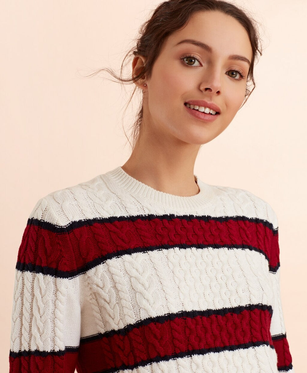 Brooks Brothers Women Striped Wool-Cotton Cable-Knit Sweater