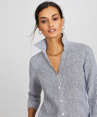 Brooks Brothers Women Striped Linen Three-Quarter-Sleeve Shirt