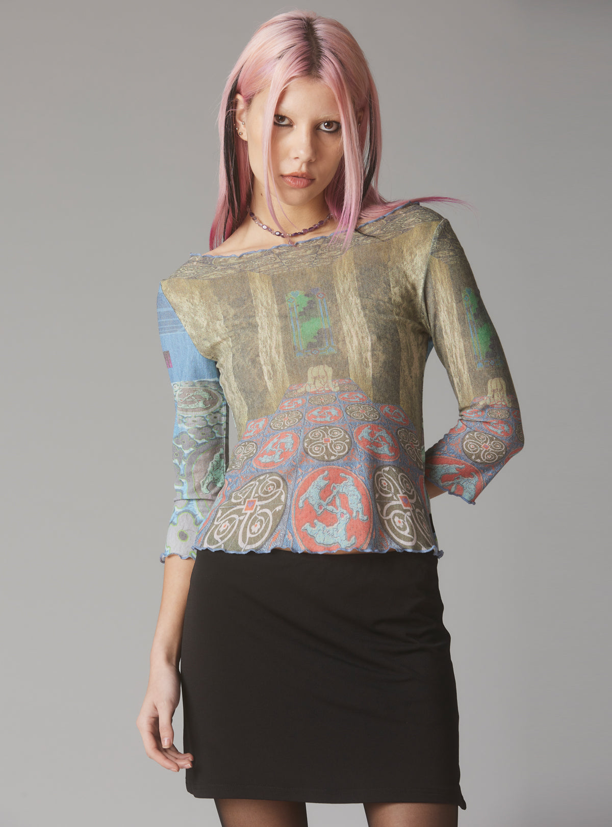 Mesh Printed Quarter Sleeve Top With Wide Neck - Multi | UNIF Clothing near me