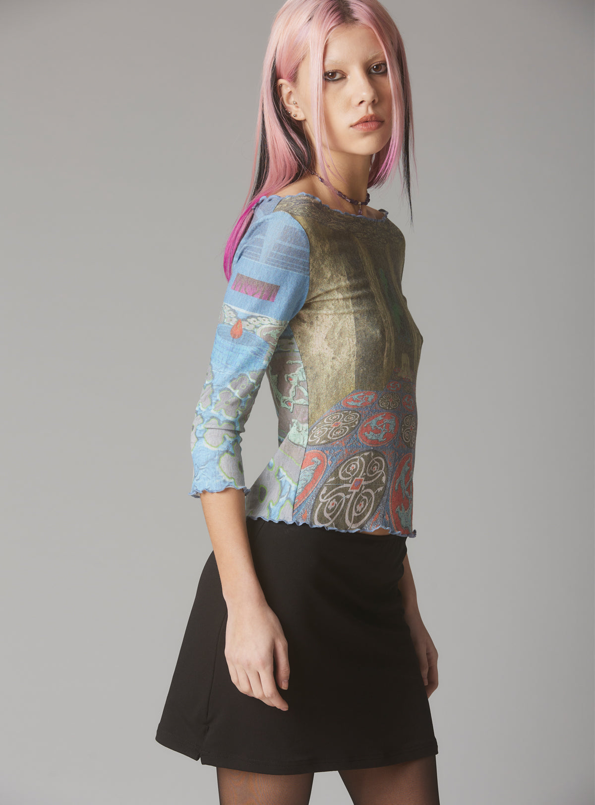 Mesh Printed Quarter Sleeve Top With Wide Neck - Multi | UNIF Clothing near me