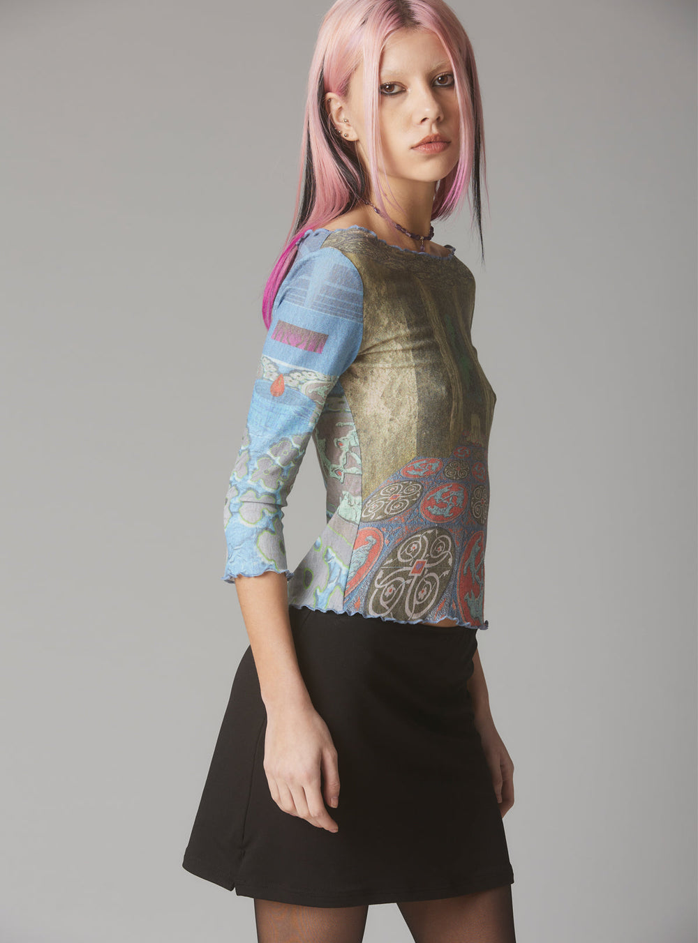 Mesh Printed Quarter Sleeve Top With Wide Neck - Multi | UNIF Clothing near me