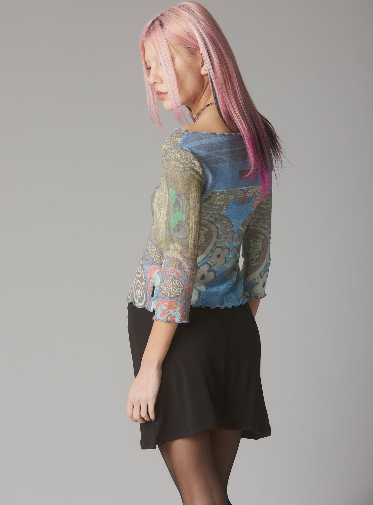 Mesh Printed Quarter Sleeve Top With Wide Neck - Multi | UNIF Clothing near me