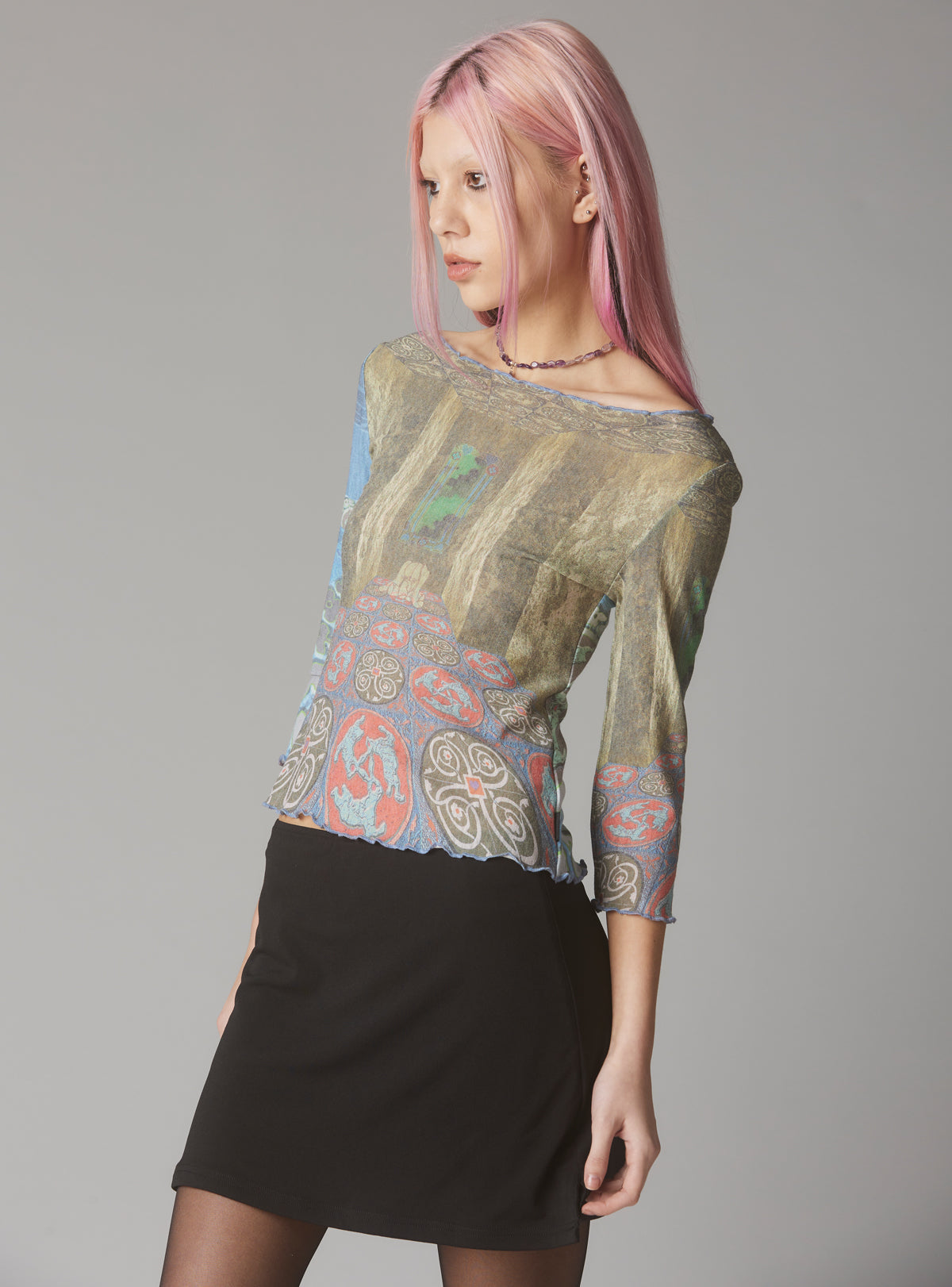 Mesh Printed Quarter Sleeve Top With Wide Neck - Multi | UNIF Clothing near me