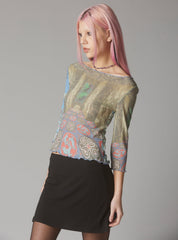Mesh Printed Quarter Sleeve Top With Wide Neck - Multi | UNIF Clothing near me