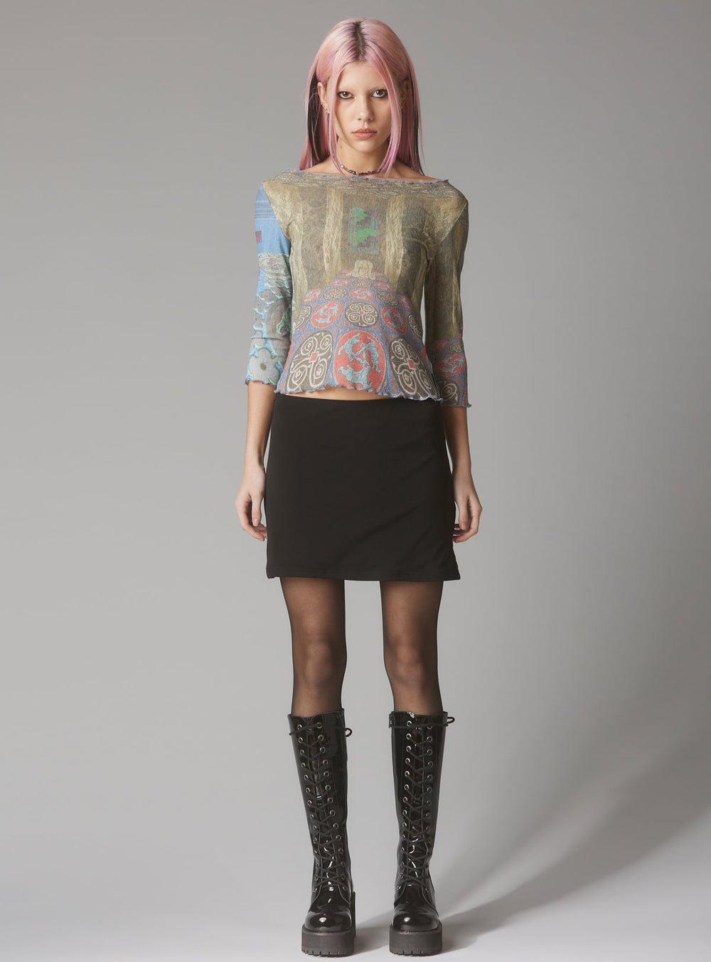 Mesh Printed Quarter Sleeve Top With Wide Neck - Multi | UNIF Clothing near me