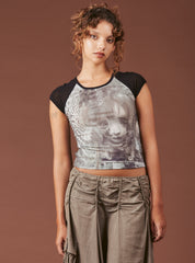 Graphic T-Shirt With Cap Sleeves - Grey/Black | UNIF Clothing online