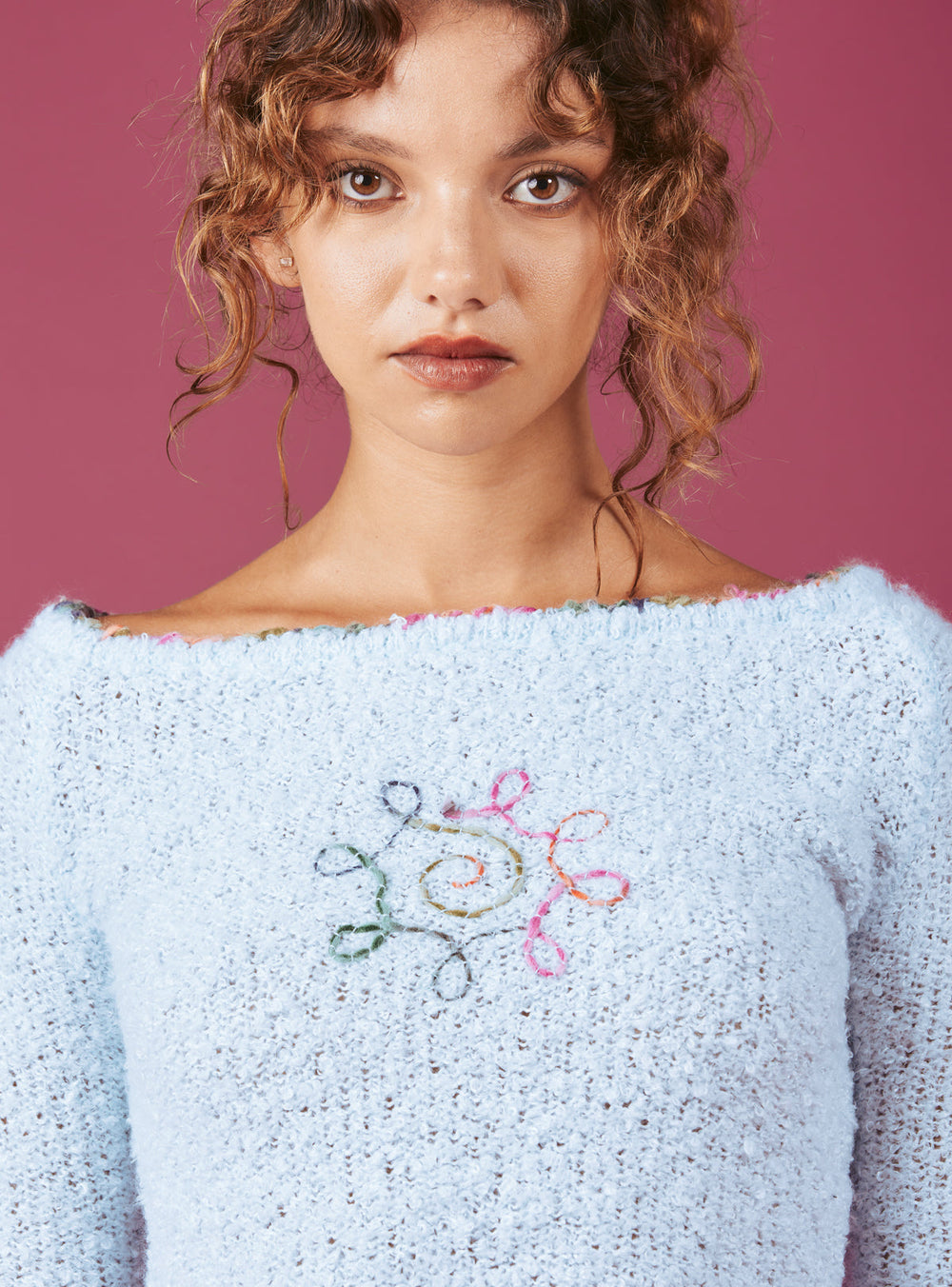 Soft Baby Blue Cropped Boucle-Knit Sweater - Baby Blue | UNIF Clothing for Sale