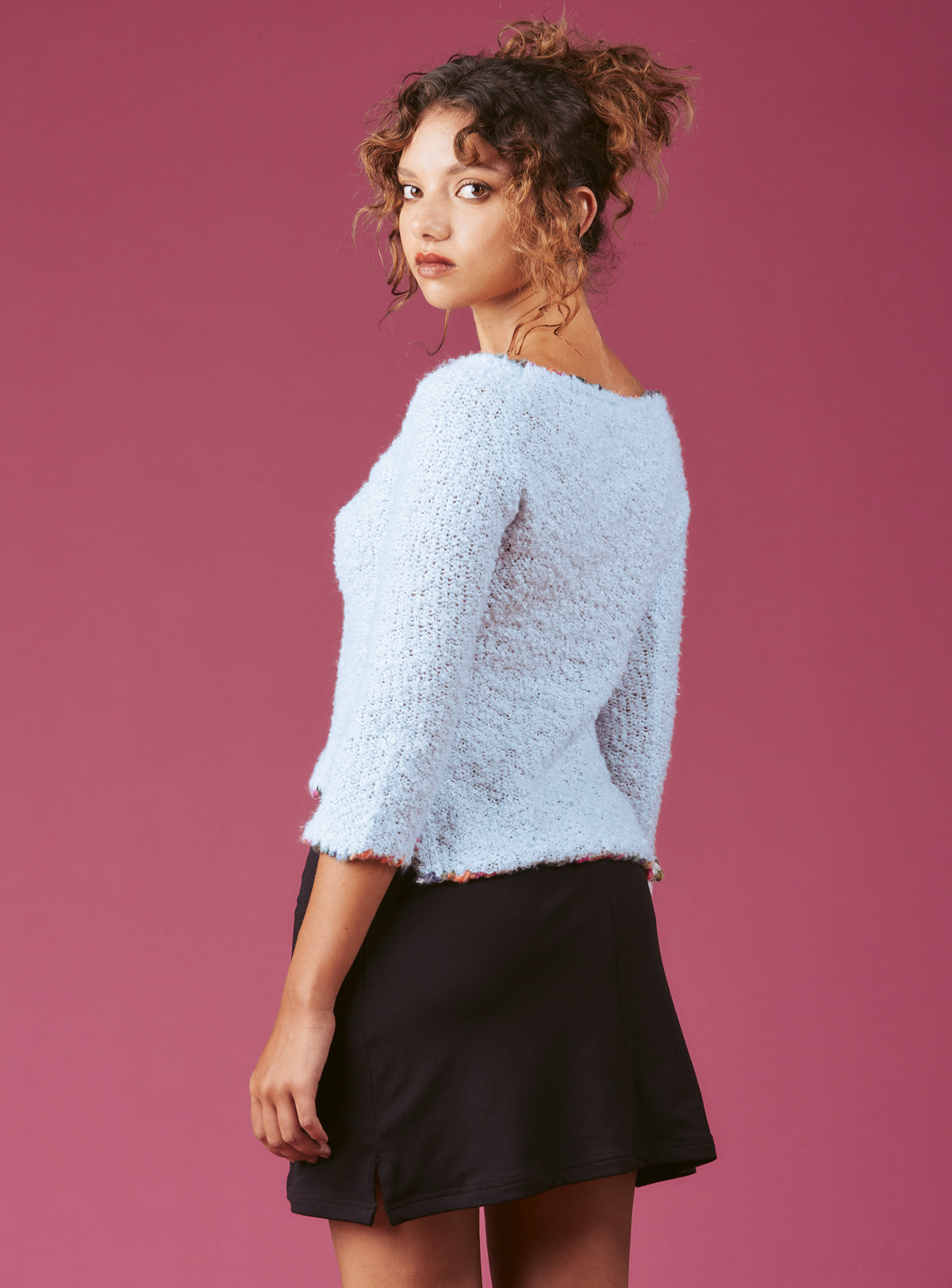 Soft Baby Blue Cropped Boucle-Knit Sweater - Baby Blue | UNIF Clothing for Sale