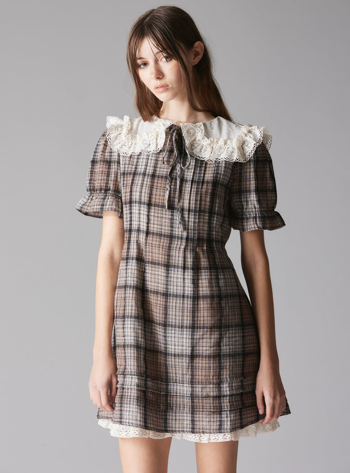 Doux Dress - Brown Plaid / White | UNIF Clothing online