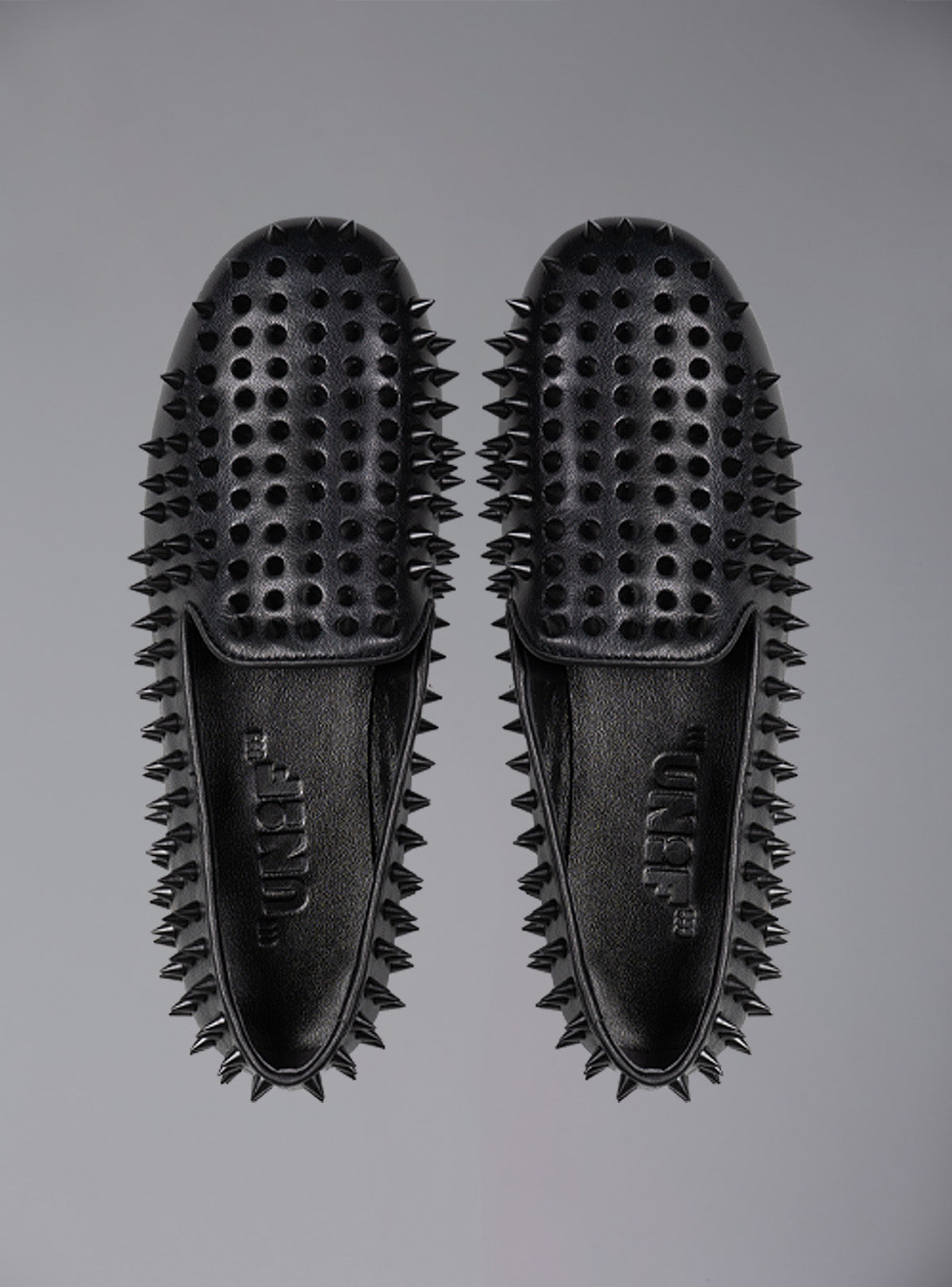 UNIF Hellraiser spiked slip on loafer in tonal on colorway. - Black/Black | UNIF Clothing online